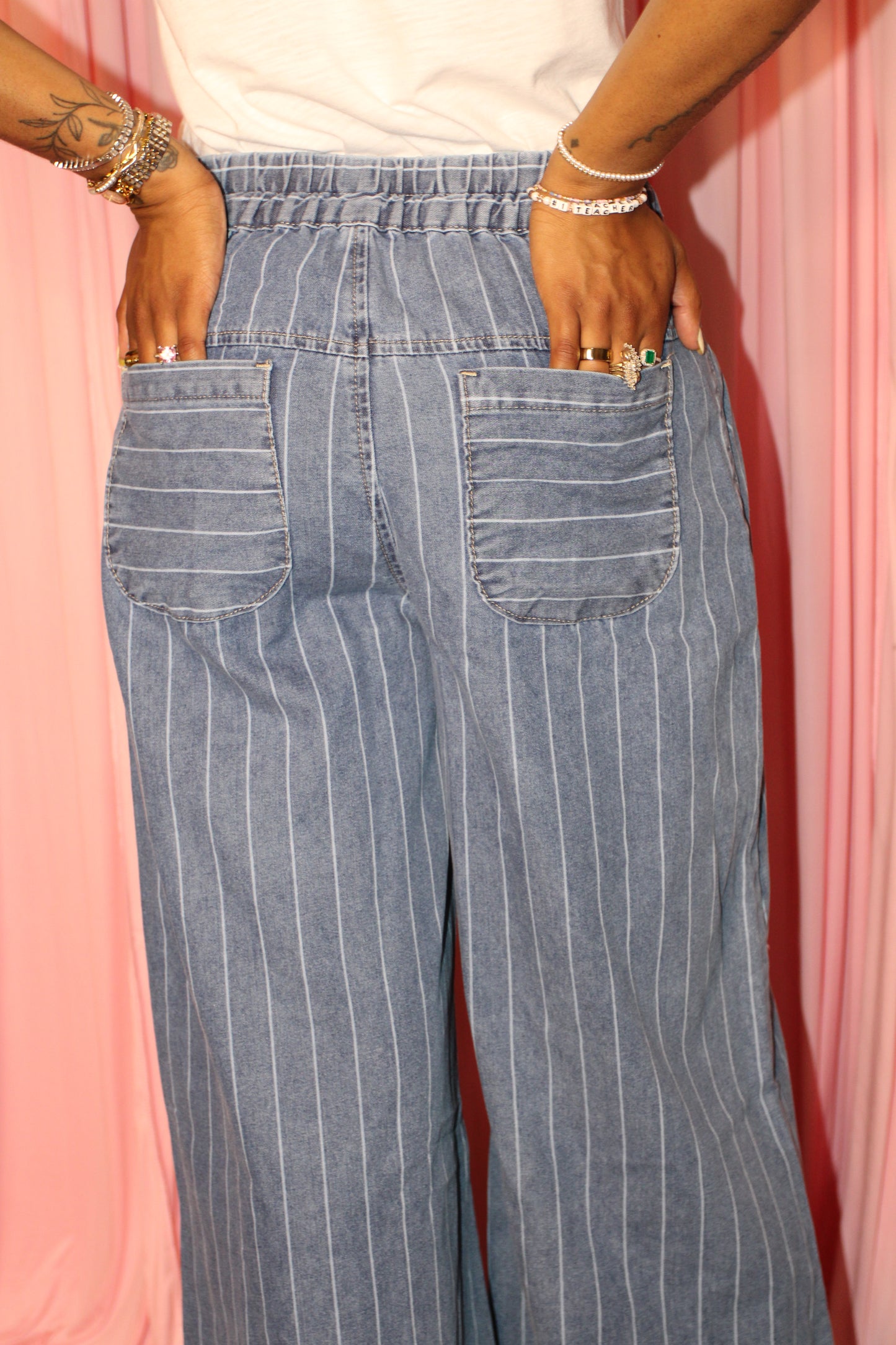 Pleated Drawstring Wide Leg Jeans